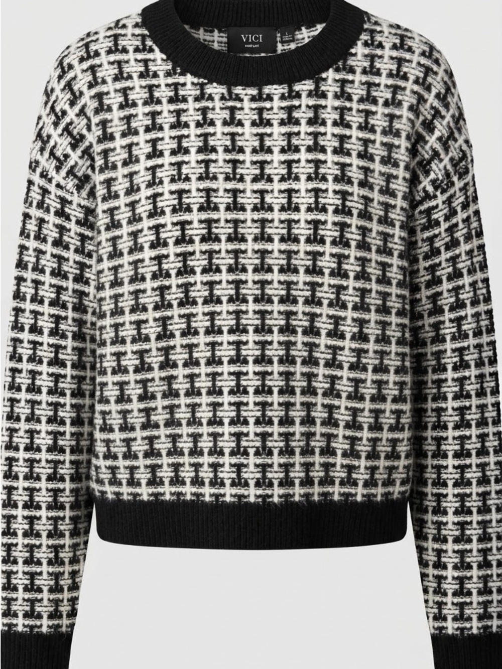 VICI Black & White Textured Crewneck Sweater